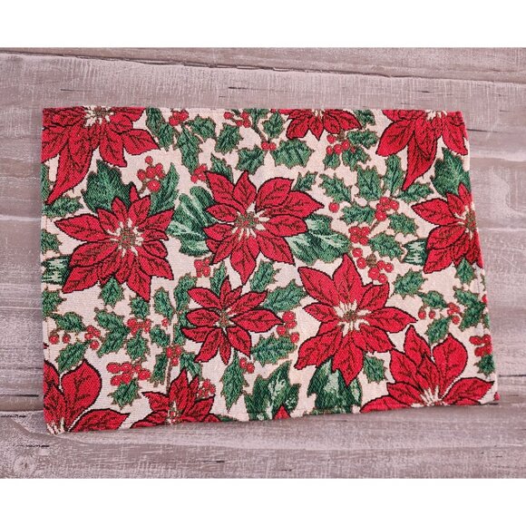 Festive Holiday Poinsettia Pattern Woven Tapestry Placemats Set Of 4 17" by 12" - Picture 6 of 7